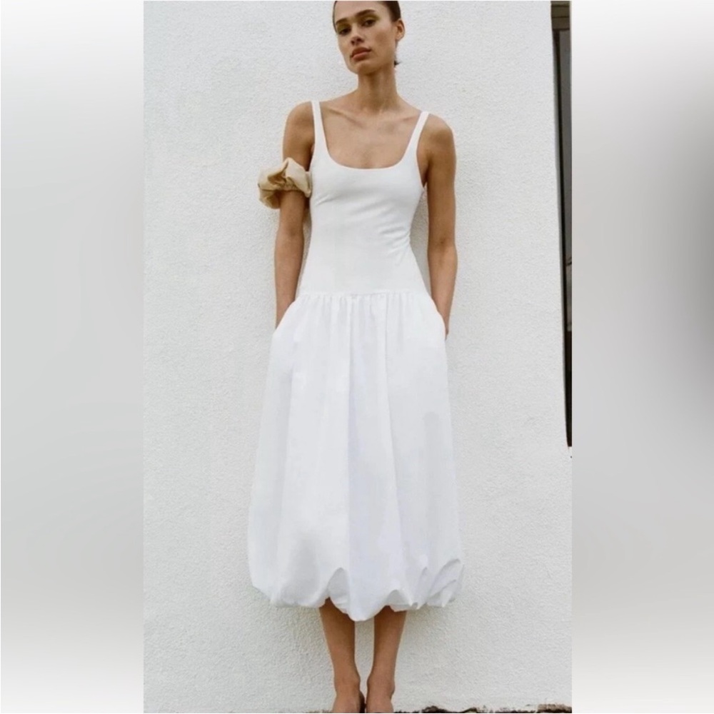 NWT Zara White Mixed Midi Dress with Bubble Skirt, M
